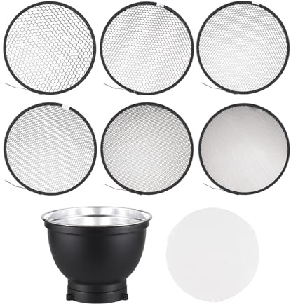 Aumotop Fotografie-Wabengitter-Set, Verbesserte Lichtleistung für Professionelle Lichteffekte für Produktfotografie und Hochzeiten, Aluminiumlegierung, 7-Zoll-Reflektor + Wabengitter +