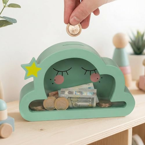 MIJOMA Spardose aus Holz mit Glasfront – dekorativer Sparrahmen für Geldgeschenke zu Hochzeit, Geburtstag, Reise & mehr – kreative Geldbox (Schlafende Wolke - grün, 17,5 x 18 x 5 cm)