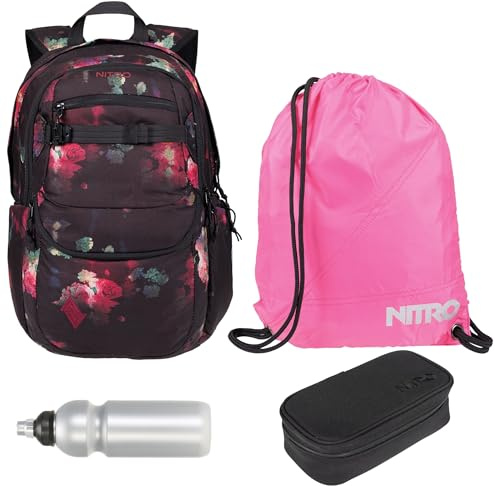 NITRO Schulrucksack 4 Teile Set Future Hero Black Rose 1972 rtmf | Schulrucksack Jungen Mädchen Schultasche Schulmappe Rucksack Box Sportbeutel Trinkflasche Laptopfach