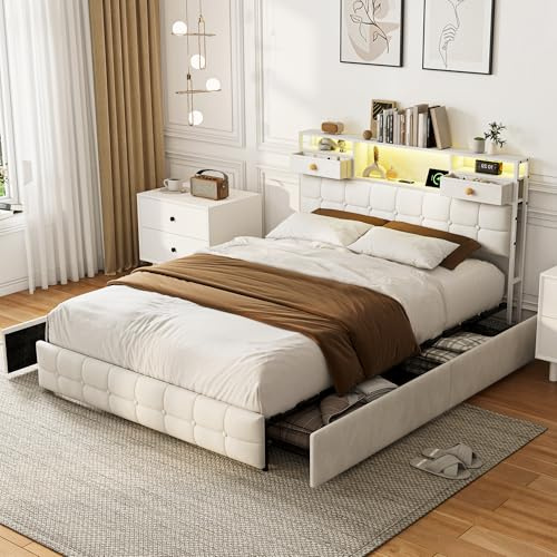 BLSYHDH Polsterbett 140x200cm Doppelbett mit LED,Schubladenbett mit USB und USB-C,Funktionsbett Jugendbett mit Lattenrost,Bett mit stauraum (Beige+Flanell-B, 140x200cm)