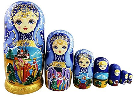 Winterworm Lot de 7 poupées russes traditionnelles en bois émaillé bleu doré pour enfant