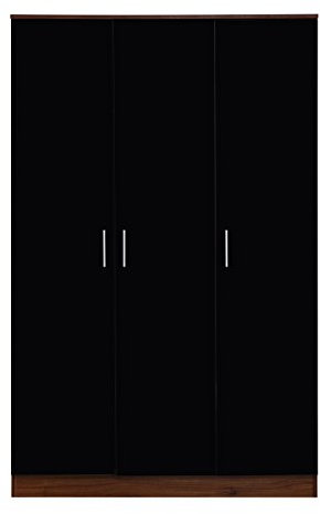 Reflect 3 Door Plain Wardrobe | Black Gloss & Walnut | Bedroom Storage with Hanging Rail & 4 Shelves | H: 180cm x W: 113cm x D: 47cm | Modern Sleek Design