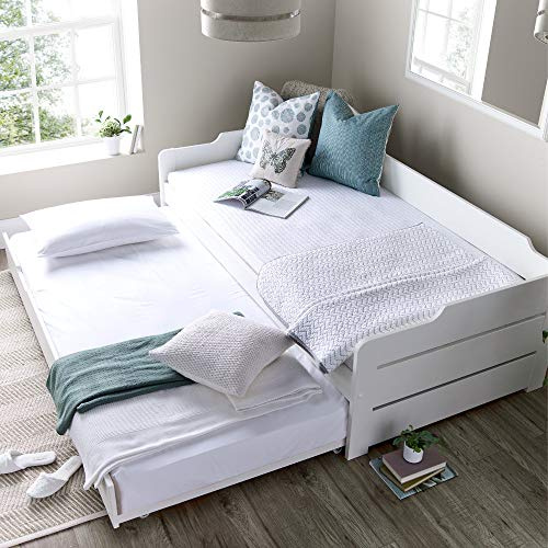 happybeds Copella White Wooden Day Bed with Trundle, 3ft Single, Frame Only | 3ft Single, Wooden Day Bed, Trundle, Frame Only, White, Solid Pine, 90 x 190 cm, Modern Design