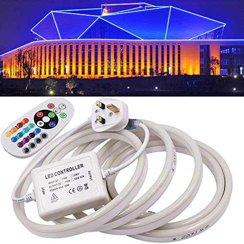 GQL 4m Flexible Neon RGB LED Strip with Remote Controller UK Plug, 220V 5050 60LEDs/m Dimmable Rope Light KIt Waterproof Indoor Outside Garden Festival Decoration