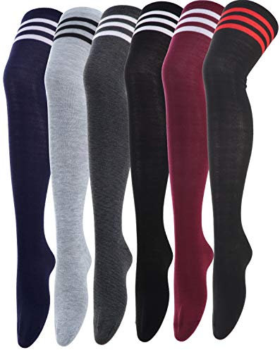CISMARK 6 Paar Damen-Socken, Baumwolle, gestreift, Oberschenkelhohe Socken
