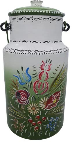 Grand pot à lait ancien, vert, motif floral Alsace