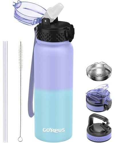 GOPPUS Bouteille d'eau Acier Inoxydable 600ml/20oz avec Paille Bouteille Sport Isolée Flacon Bouteilles d'eau en Métal Rabattables à Double Paroi Étanche pour les Sports de Gym avec 3 Couvercles