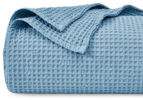 PHF 100% Baumwolle waffledecke Kuschedecke 130x150cm, leicht & atmungsaktiv, perfekt für den Sommer - Oeko-TEX® Zertifiziert - Hotelwäschequalität - Ideal für Sofa Couch Bett, Staubiges Blau