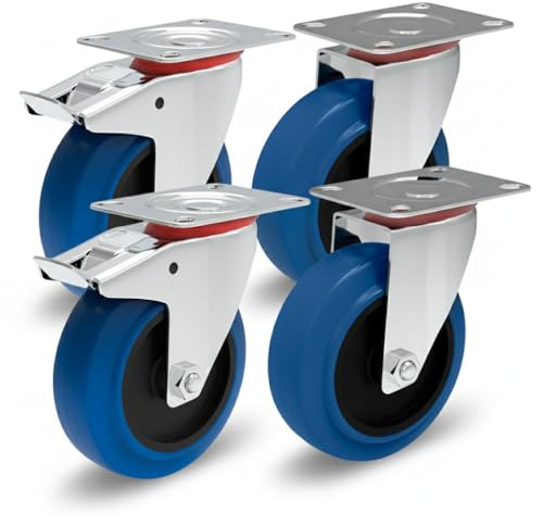 Transportrollen mit Bremse 125mm Möbelrollen Schwerlast - Lenkrollen Set Gummi Rollen Blue Wheels Bockrollen für Rollbrett Werkstatt schwere Möbel Palettenmöbel Rollwagen Räucherschrank Werkzeugwagen