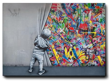 Giallobus - Impression sur toile - Banksy - L'enfant ouvre le rideau - Toile haute épaisseur qualité supérieure - 100x70 - Prêt à accrocher - Peintures pour la maison
