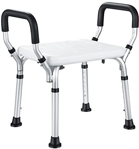 NArra Silla Ducha con Reposabrazos, Silla Baño Regulable Altura Soporta Hasta 150 kg con Reposapiés Antideslizantes, Taburete Baño Adulto para Personas Mayores Discapacitados, montaje sin herramientas