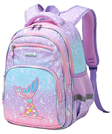 Bonita Mochila Para niños,15.5 pulgadas,Divertida Sirena Arco Iris Kawaii,Primaria,Preescolar,Guardería,Escuela,Para 8, 9, 10, 11, 12 Años,Correa Para el Pecho,Gran espacio,Robusto,Color Morado