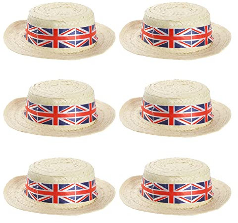 Union Jack Boater Hats - Pack of 6 - Straw Boater Hats with Union Jack Flag Band - King's Coronation, VE Day, Jubilee Events, Street Party Fancy Dress Accessory