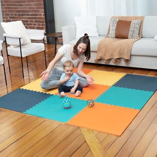 MioTetto Soft Non-Toxic Foam Baby Play Mat | Toddler Playmat |Colorful Jigsaw Puzzle Play Mat | 36 Squares Foam Floor Mats for Kids & Babies | EVA Foam Interlocking Tiles, Cobalt-apricot-pine-gold, 36