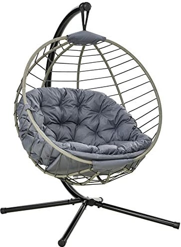 Outsunny PE Rattan Swing Chair, Outdoor Hanging Chair with Metal Stand, Thick Padded Cushion, Foldable Basket and Cup Holder, for Indoor and Outdoor, Grey