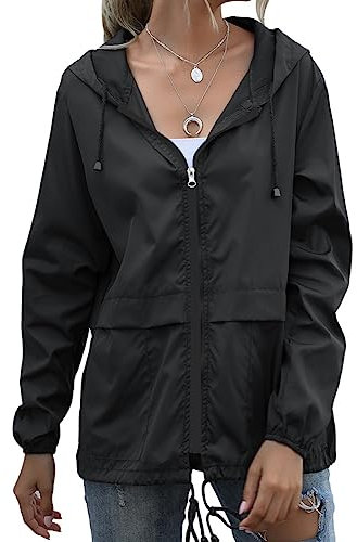 Veste de pluie pour femme - Imperméable - Légère - Pliable - Coupe-vent - Avec capuche - Veste de pluie avec poches, Noir , S