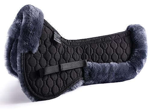Merauno® Lammfell-Schabracke,vollständig gefüttert, mit Merinowolle, hohem Widerrist, halbe Polster für die Wirbelsäule(voll, anthrazit, Lammwolle + schwarze gesteppte Baumwolle)