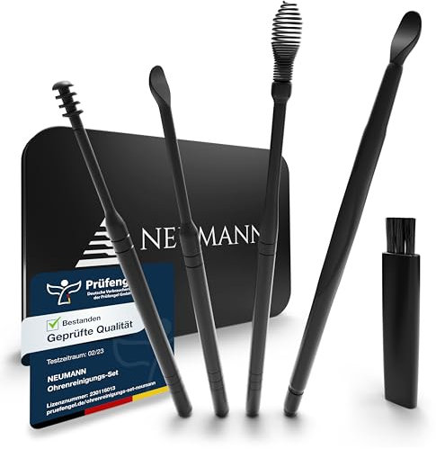 NEUMANN® Wiederverwendbares Ohrenreinigungs-Set - rostfreier Edelstahl - Handliche Aufbewahrungsbox (Schlinge, Spirale & Löffelform) Premium Ohrenschmalz-Entferner für Erwachsene [Schwarz Eloxiert]
