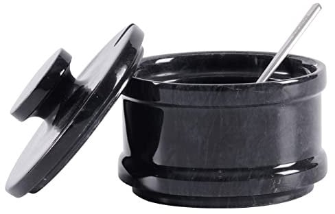 Radicaln Bodega de sal de mármol con tapa y cuchara de 3.5 pulgadas, hecha a mano, color negro, hecha a mano, para almacenamiento de cocina, recipiente de azúcar, caja de sal y sal marina escamosa