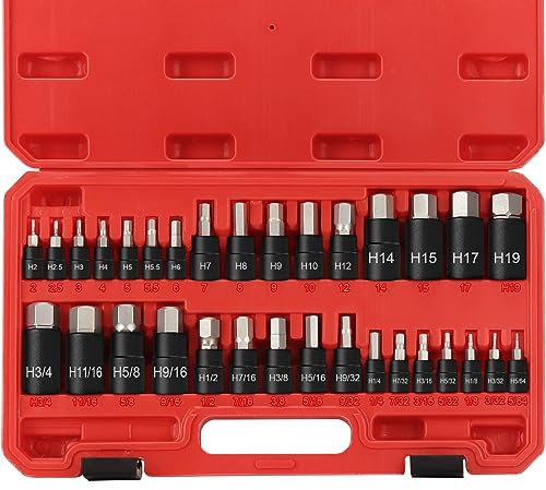 RIMKOLO Lot de 32 douilles hexagonales SAE et métriques Allen en acier allié S2 et CR-V, Porte Embout Douilles 1/4'', 3/8'' et 1/2''