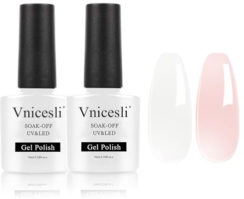 Vnicesli 2 Couleurs Kit Vernis Semi Permanent Blanc Laiteux Rose, Soak Off UV LED Vernis Gel Semi Permanent Transparent Gelée de Cristal Vernis à Ongles French Manucure 10ml