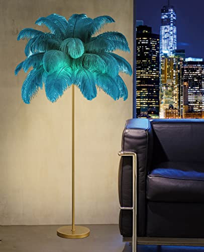 MADHEHAO Upgrade Straußenfeder-Stehlampe, Moderne Stehlampe in 3 Farben dimmbar mit Fußschalter, Fransenlampe, goldene Feder-Stehlampe, Lampenkörper aus 100% Kupfer, Stehlampe für Esszimmer (Blue)