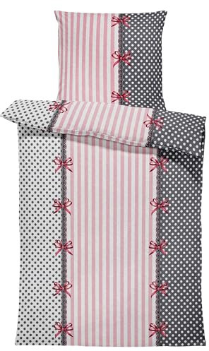 Leonado-Vicenti Winter Bettwäsche Thermo Fleece Flausch Kuschelig Warme Garnitur Bettbezüge Set, Größe:3 teilig 200x220 cm, Farbe:Rüsch rosa grau