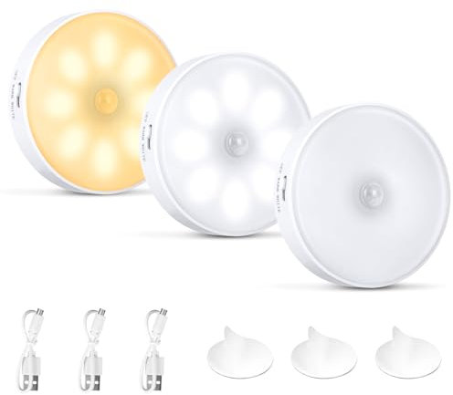 Nachtlicht mit Bewegungsmelder, 3 Stück 2 Farben Einstellbar LED Schrankbeleuchtung Treppenbeleuchtung, Schranklicht mit Bewegungsmelder, Warm/White/Off, für Flur, Treppe, Schlafzimmer, Küche, Schrank