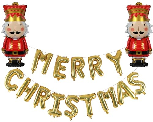 Lot de ballons de Noël en aluminium – Grands ballons casse-noisette et ballons en forme de lettres dorées « Merry Christmas » – Parfait pour les fêtes de Noël