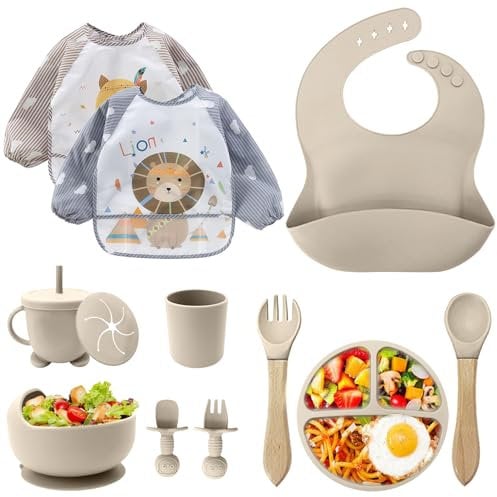 CUBTEM Assiette Bebe,Lot de 12 Set Repas BéBé, Bol Cuillere Bebe,Bavoir Silicone Bebe,Assiette Ventouse Pour BéBé,Enfant Set Couverts Vaisselle Pour Sevrage Manger