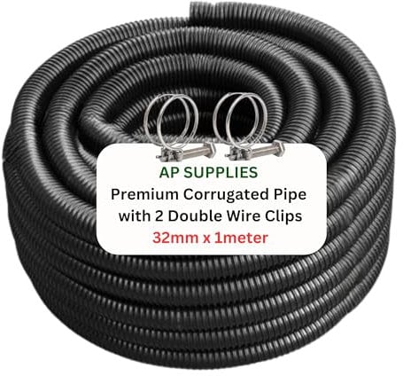 Flexible Pond Hose Corrugated Pipe with 2 Clips - Double-Wired Hose Clips for Pond Pumps, Filters, Drainage – Corrugated Water Butt Connector Pipe - Black (32mm x 1m)