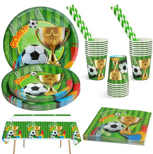 Juego de Vajilla para Fiesta de Fútbol de 101 Piezas, Decoración de Fútbol para Amantes del Fútbol Platos Vasos Pajitas Mantel de Papel de Fútbol para Fiestas de Cumpleaños Infantiles para 20 Personas