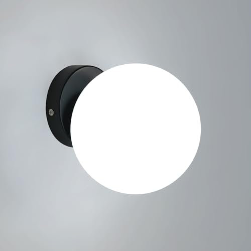 Goeco Wandlampe Innen, Moderne Wandleuchte Flur 15cm Glaskugel-Lampenschirm, Schwarzes Metallsockel, Wandbeleuchtung für Schlafzimmer und Wohnzimmer, E27-Fassung (Ohne Glühbirne)