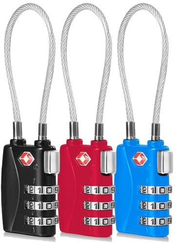 CFMOUR TSA Locks Lot de 3 cadenas de sécurité à combinaison de câble de voyage à 3 chiffres pour valise, valise, sac, sac - Noir, bleu et rouge