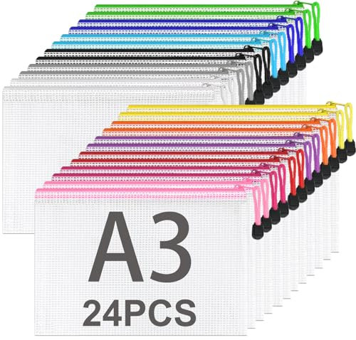 ASelected 24 Stücke Dokumententasche A3 Reißverschluss, 12 Farbe Mesh Kunststoff Reißverschlusstasche A3, Zipper Taschen für Datei, Dokumente, Hausaufgaben, Reisezubehör