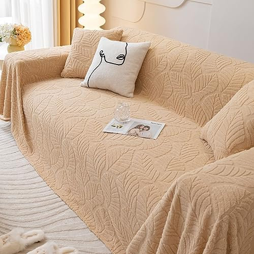 Bishilin Couchbezug Plüsch Katzenschutz, Sofabezug Ecksofa 4 Sitzer Blätter Motiv Hellbraun 180x400CM Couch Überwurf Sofaüberwurf Polyester Baumwolle
