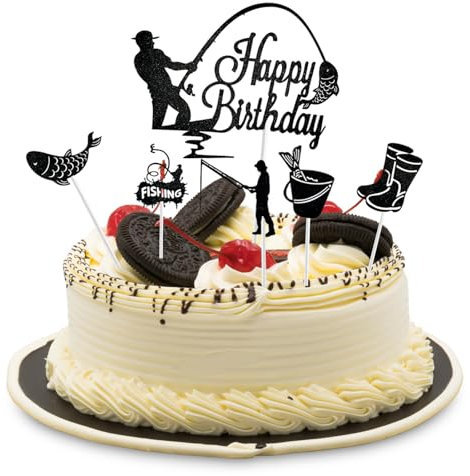 6 Stück Angler Cake Toppern, Happy Birthday Tortendeko mit Angelmotiven für Männer und Jungen-Geburtstagspartys, Hochwertiges Papiermaterial, für Kuchen, Cupcakes und Desserts