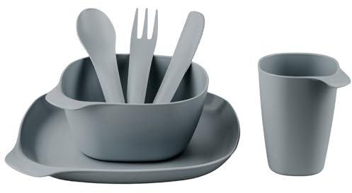 Go Practic Camping Geschirr Set 6 Personen Becher Schüssel Teller Besteck Polypropylen BPA Frei Grau