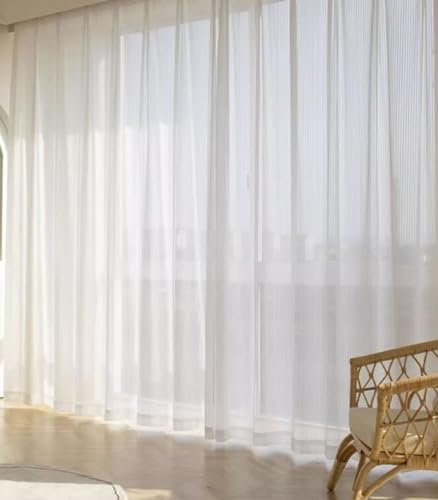 Beydodo Gardinenschals 2er Set mit Schlaufen, Vorhänge Halbtransparent 132x138CM Einfarbig mit Gestreift Motiv Gardinen Polyester Weiß Lichtdurchlässig Schiebevorhänge Wohnzimmer Schlafzimmer