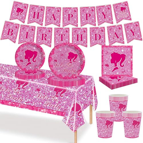 MORAINJAY 70Pcs Hot Pink Girls Party Tableware Set,Hot Pink Table Decoration,Banner,Cups,Paper Plates and Napkins for Princess Birthday Let's Go Party Supplies(16 Guests)