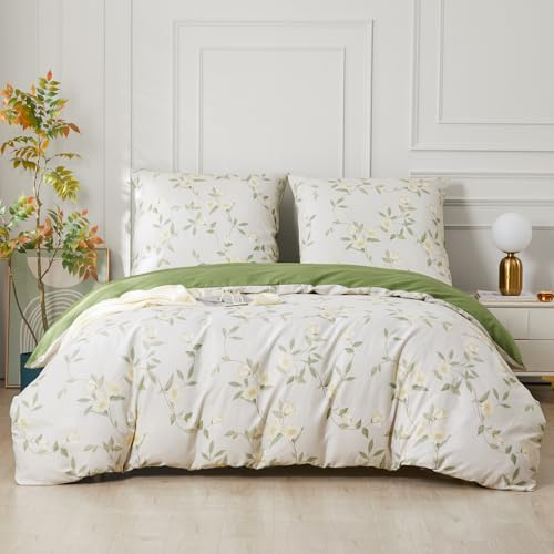 SAPHREAS Bettwäsche 200x200 Baumwolle Weiß Grün Bettwäsche-Sets Blumen Bettwäsche 3teilig 1 Bettbezug 200x200 cm mit Reißverschluss + 2 Kissenbezüge 80x80 cm(Ohne Bettdecken)