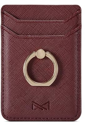 DMaos Card Holder Sleeve with Ring, RFID Credit Wallet PU Leather Stick On Back Grip for iPhone Samsung Smartphone - Burgundy