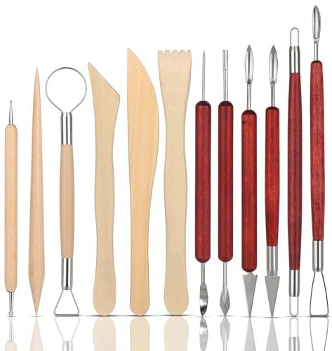 12 Pcs Clay Sculpting Tools, Pottery Sculpting Modeling Tools Air Dry Polymer Clay Sculpting Tools Pottery Trimming Tools with Smooth Wooden Handles Modeling Clay Cutters for Carving, Ceramics, DIY