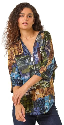 Roman Originals Front Zip Top for Women UK Ladies Brushed Blouse Soft Jumper Smart Casual Work Winter Autumn Spring Warm Long 3/4 Short Sleeve V Neck Sweater T-Shirts - Green Multi - Size 10