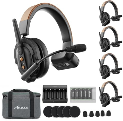 Accsoon CoMo SE Drahtloses Gegensprechsystem – Full-Duplex 2.4GHz Funkheadset mit ENC, 400m Reichweite, 30h Akku, Flip-to-Mute – 1 Master + 4 Slave Headsets für Filmteam, Live-Event, Videoproduktion