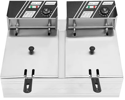 banborba Edelstahl Elektrische Doppel Friteuse, Professional Elektrische Frittier mit Deckel, Körbe und Sicherheitsthermostat, Doppelter Tank Fritteuse, 2 x 6 L, 2 x 2500 W, Temperatur bis 200°C