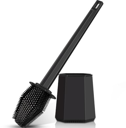 Braoses Toilettenbürste mit Halter, schnell trocknendes Silikon-Hockerhalter-Set mit Wandhalterung für Badezimmer-Gäste-WC (Schwarz)