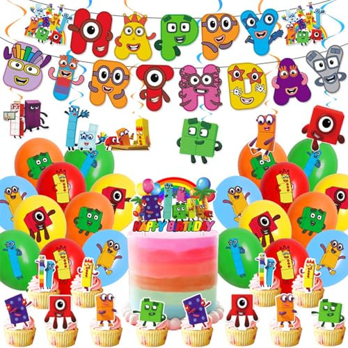 40PCS Number Birthday Decorations, Blocks Birthday Party Decorations, Blocks Theme Birthdays Party Supplies with Banner Latex Balloons Cake Topper Cupcake Toppers Spiral Decoration for Kids PartY (A)
