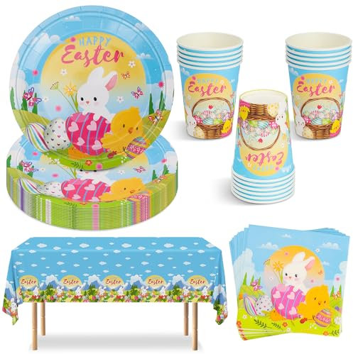 Vaisselle Pâques Vaisselle de Fête, 53pcs pour 16 Invités Motif œufs de Lapin de Pâques Nappe Assiettes Tasse Couverts Serviette en Papier Ensemble de Fête de Dîner