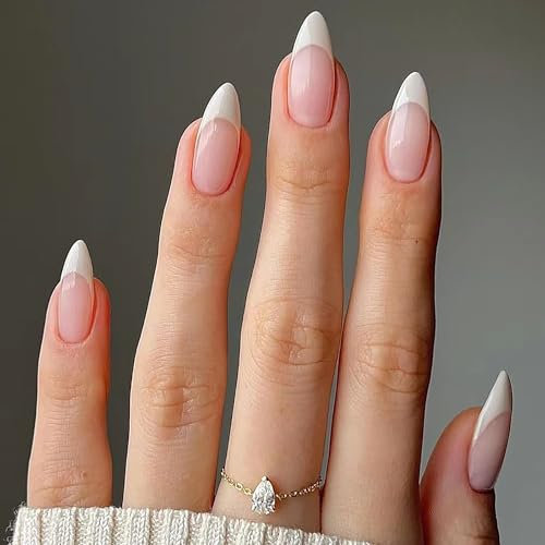 24pcs Almond Nails French Tip - False Nails with Glue - Nude Press on nails French tip - Medium Length Fake nails - Strong Stick on Nails for Women - Full Cover Nail Tips and Glue